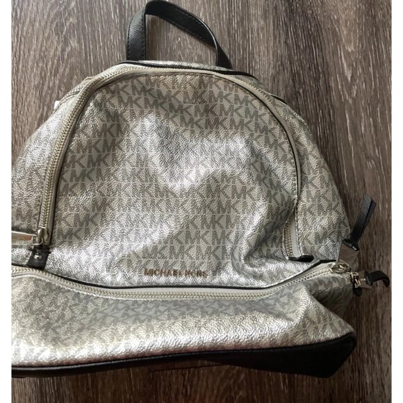 Michael Kors Mini Backpack MK Signature Women’s Leather Black Metallic Silver - Picture 2 of 16